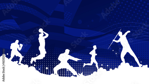 Sports silhouettes banner – navy blue background with boxer, basketball player, runner, javelin thrower and judo athlete