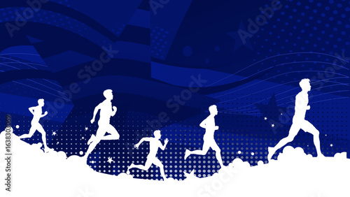 Blue sport running background banner with runners silhouettes
