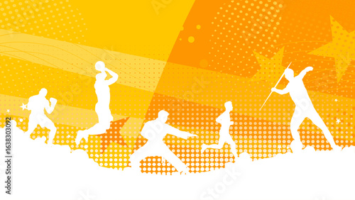 Sports silhouettes banner – orange background with boxer, basketball player, runner, javelin thrower, and judo athlete