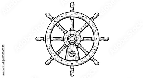 Vintage nautical helm illustration a classic wooden ship steering wheel with a compass emblem on a white background