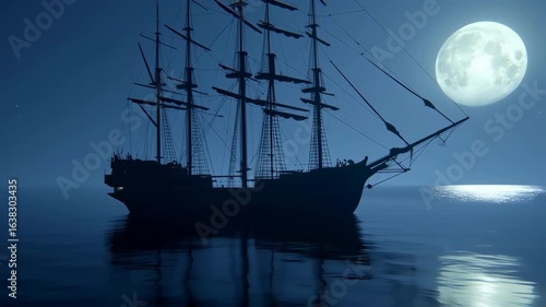 Mysterious Tall Ship Silhouette Drifting on a Calm Ocean Under a Luminous Full Moon