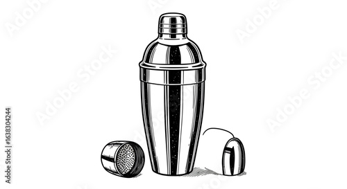 Classic cocktail shaker with cap and strainer detailed vintage illustration on white background