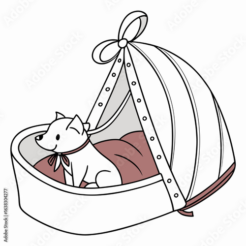 Adorable cartoon white puppy dog wearing a bow sitting in a vintage baby bassinet with a canopy