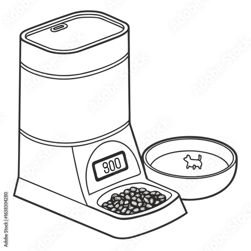 Automatic pet feeder with digital display and dog food in bowl illustration