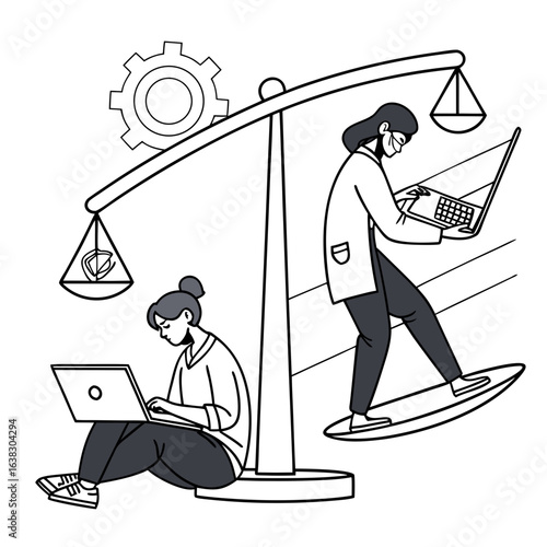 Balancing work life with technology and security people using laptops on scales of justice
