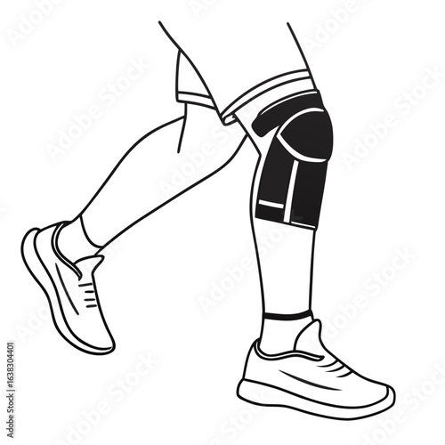 Close up of a person s legs wearing athletic shorts knee support and sneakers walking