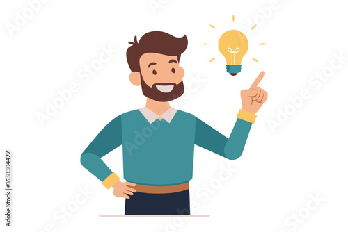 Idea Generation: A modern illustration depicts a man with a beard, standing next to a glowing lightbulb representing idea and innovation.