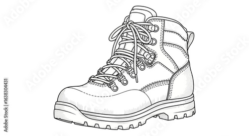 Detailed black and white line drawing of a sturdy high top hiking boot with laces and a thick lugged sole presented in a clean isolated studio shot