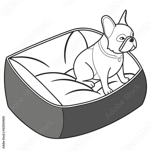 Cute french bulldog sitting comfortably in a soft dog bed with a collar