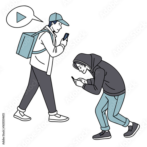Delivery person with backpack and phone notices a person hunched over their phone