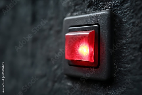 Illustration of a closeup of a red power switch in the on position, indicating electrical power is flowing 4k