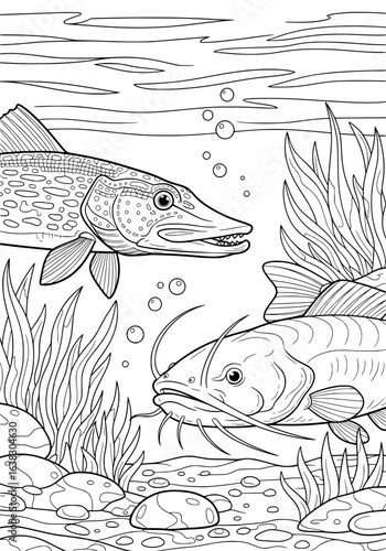 pike and catfish at the bottom of the river. coloring book