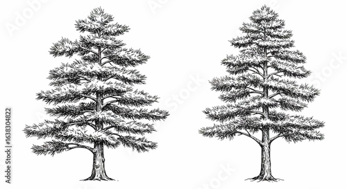 Two detailed black and white ink drawings of evergreen pine trees with full foliage and visible branches presented against a clean white background