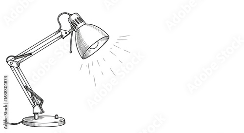 A classic articulated desk lamp with an adjustable arm and shade is depicted in a detailed black and white sketch casting light