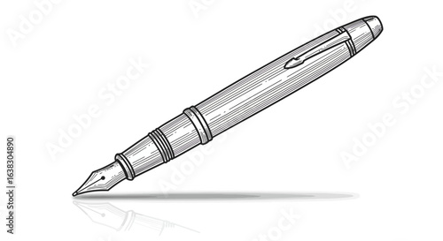 Elegant vintage fountain pen drawing with shadow and reflection