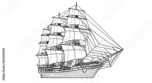 Detailed black and white line drawing of a majestic tall ship with full sails billowing in the wind showcasing intricate rigging and hull details
