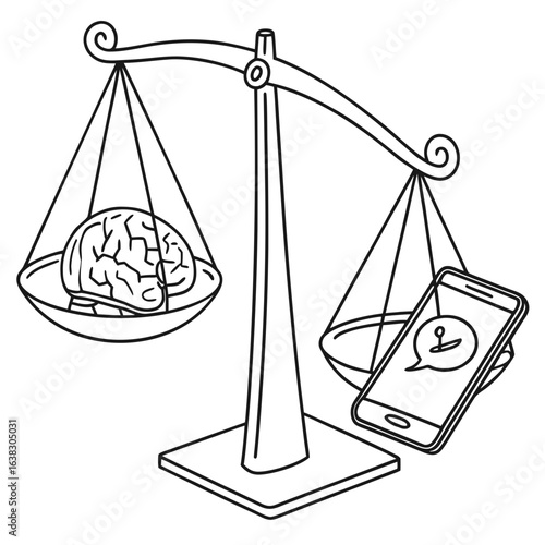 Scales of justice weigh human brain against smartphone with chat bubble symbolizing digital distraction and mental balance