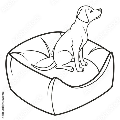 Simple outline drawing of a happy dog sitting attentively on a plush dog bed