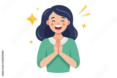 Joyful Anticipation:  An illustrated woman beams with delighted anticipation, showcasing her warm and welcoming expression in a vibrant display of happiness and joy.