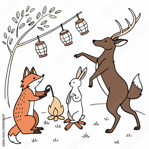 Whimsical forest animals a fox rabbit and deer gather around a campfire under lanterns hanging from a tree