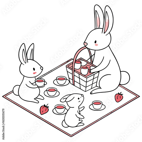 Whimsical minimal illustration of a stylized rabbit enjoying a tea ceremony with strawberries