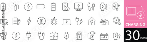 Minimal Charging Line Icon Set 30 Clean Outline Symbols for Battery, Power, and Energy Design