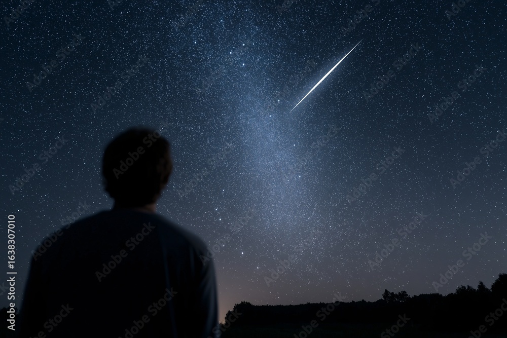 Fototapeta premium silhouette watching meteor streak across Milky Way, Perseids meteor shower night sky