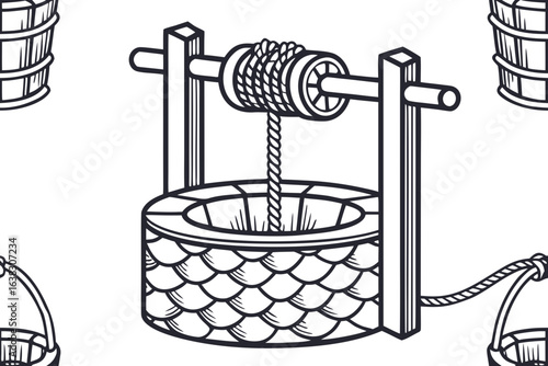 open well with rope bucket