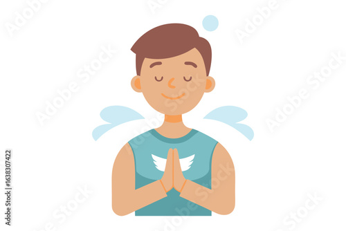 Inner Peace: A cartoon person, embodies serenity and mindfulness, with eyes closed, in a gesture of prayer, accompanied by abstract elements suggesting calm.