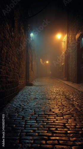 Foggy cobblestone alley at night, city, mystery, film noir background, thriller