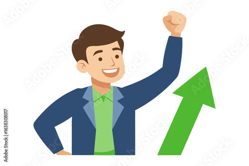 Visionary's Ascent: An illustration captures a triumphant man, his arm raised in a gesture of accomplishment. A green arrow emphasizes upward trajectory, symbolizing growth and prosperity.