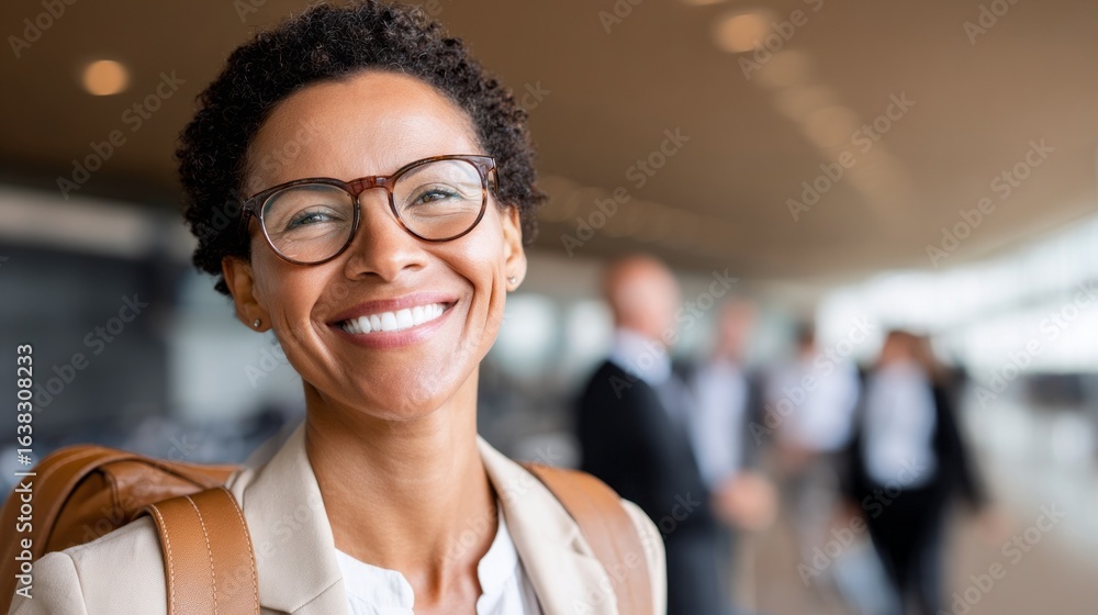 Fototapeta premium Young happy woman smiling at the airport while interacting with travelers in a bustling environment