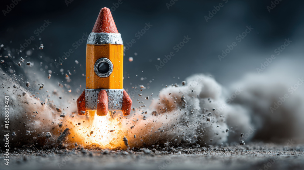 Fototapeta premium Yellow Pencil Rocket Launching with Smoke and Fire