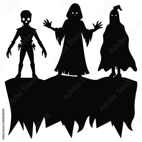 Three halloween monsters in silhouette standing on a jagged cliff
