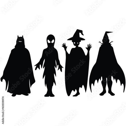 Four halloween costume silhouettes including batman ghost witch and vampire