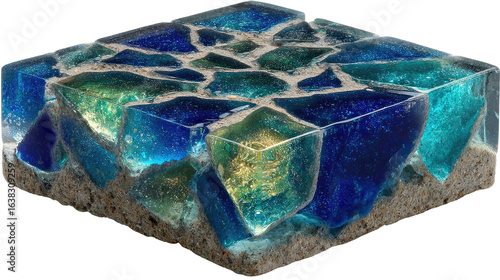 Abstract Glass Cube: Close-up of an elegant square mosaic of colorful glass pieces fused together, captured in a photorealistic shot. 