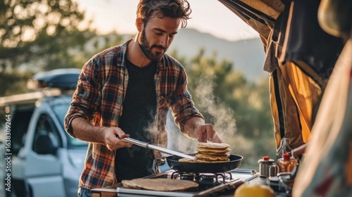 Man cooking pancakes outdoors.