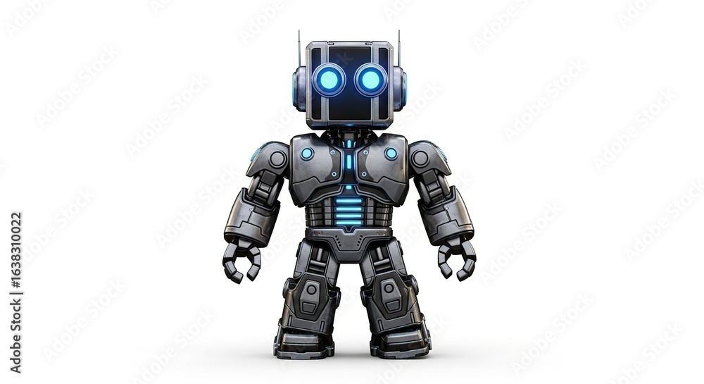 Futuristic Small Grey Robot with Blue Lights Standing on White Background Futuristic Small Grey Robot with Blue Lights Standing on White Background