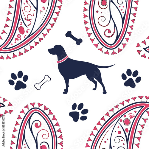 “Seamless paisley pattern with paw prints and dog bones, vector repeat design, bold colors, perfect for dog bandanas and accessories.”
