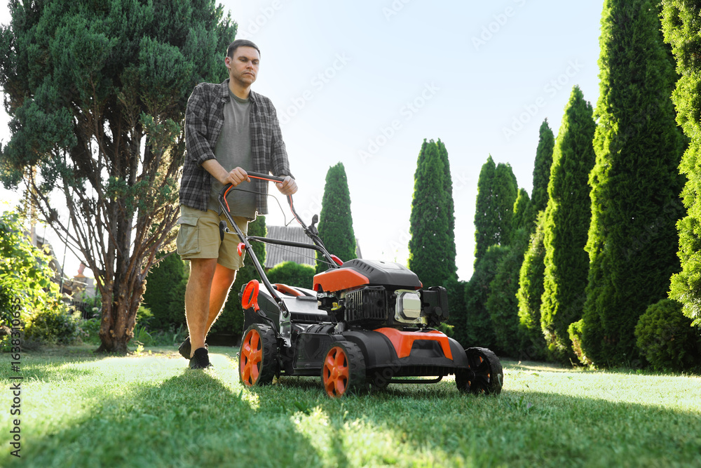 Fototapeta premium Man cutting green grass with lawn mower in garden, low angle view