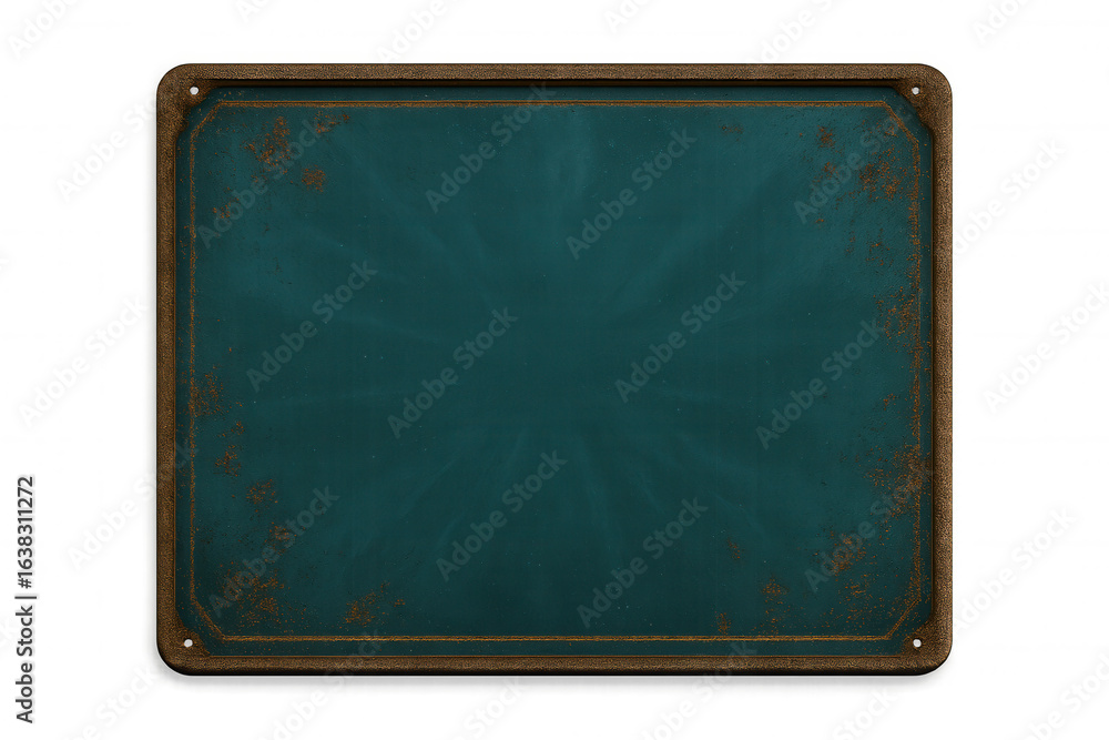 Fototapeta premium Weathered metal signage featuring teal green paint and sunburst design, positioned against transparent backdrop for custom graphic placement
