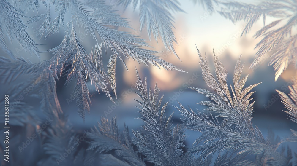 Naklejka premium Winter frost patterns on window, sunrise, snowy scene. Possible use Background