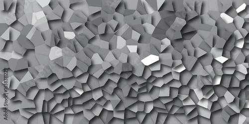 Abstract geometric mosaic background in grayscale featuring polygon shapes and dimensional shadows creating depth and artistic texture