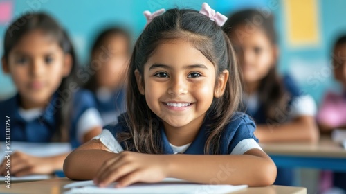 Happy girl in classroom learning.
