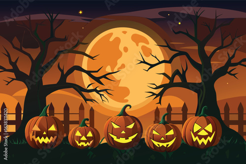 Five glowing jack o lanterns in a spooky Halloween night landscape pumpkin