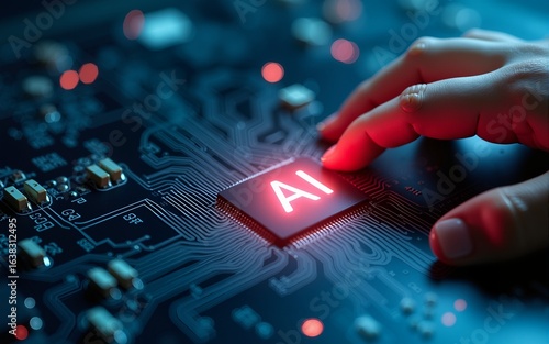 AI generative artificial intelligence and machine learning technology. Man touching AI icon in Semiconductor on electronic circuit board. High quality