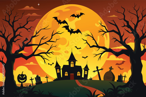 Spooky Halloween night with haunted house bats and full moon vector 1