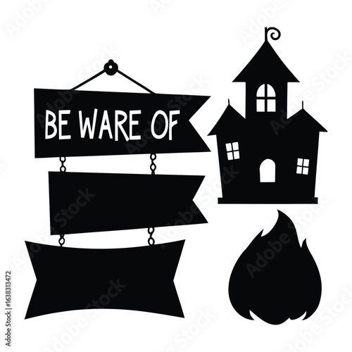 Halloween beware of sign with haunted house and fire