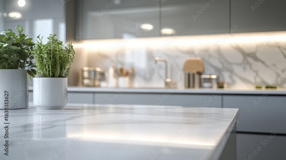 Fototapeta premium Modern kitchen interior with marble countertop and potted herbs. Sleek cabinets and warm lighting create a stylish atmosphere.