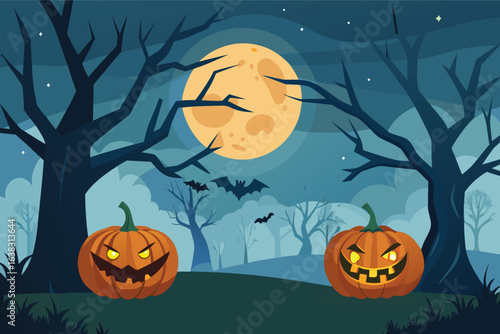 Two glowing jack o lanterns in a spooky forest with bats and a full moon halloween